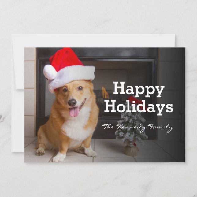 A happy, festive Pembroke Welsh Corgi Holiday Card (Front)