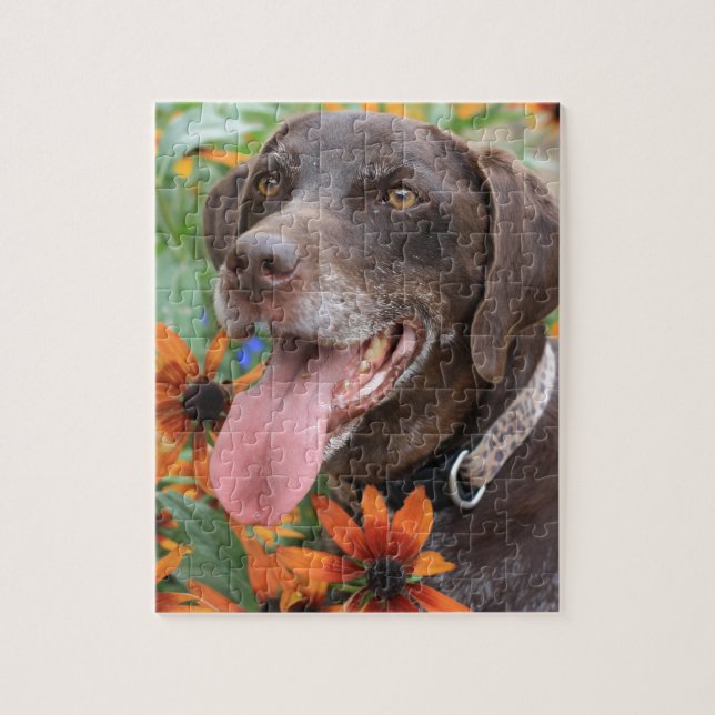 A happy German Shorthaired Pointer with sunflowers Jigsaw Puzzle (Vertical)