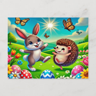 A happy hare and hedgehog postcard