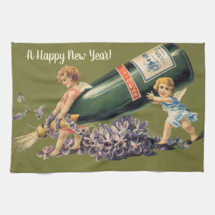 A Happy New Year, Vintage Angels with Champagne Kitchen Towel