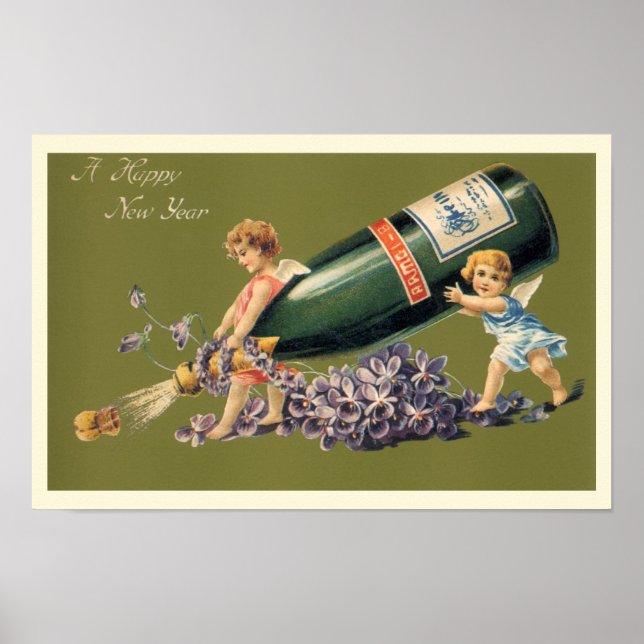 A Happy New Year, Vintage Angels with Champagne Poster (Front)