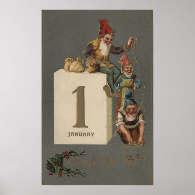 A Happy New YearGnomes Throwing Money Poster (Front)