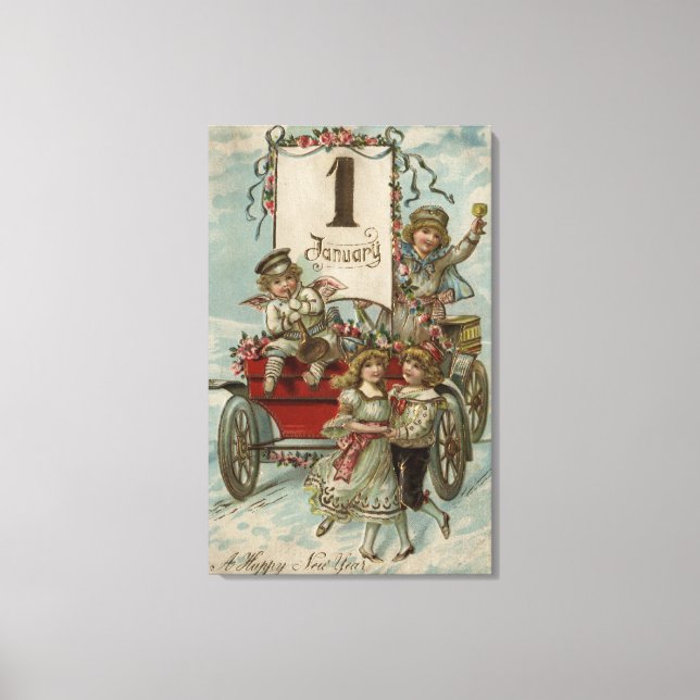A Happy New YearKids Around a Red Wagon Canvas Print (Front)