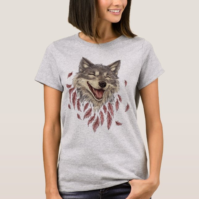 A happy smiling wolf in feathers T-Shirt (Front)