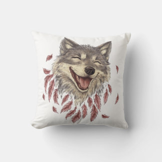 A happy smiling wolf in feathers throw pillow