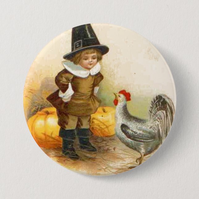 A Happy Thanksgiving Pilgrim and Plymouth Rock 3 Inch Round Button (Front)