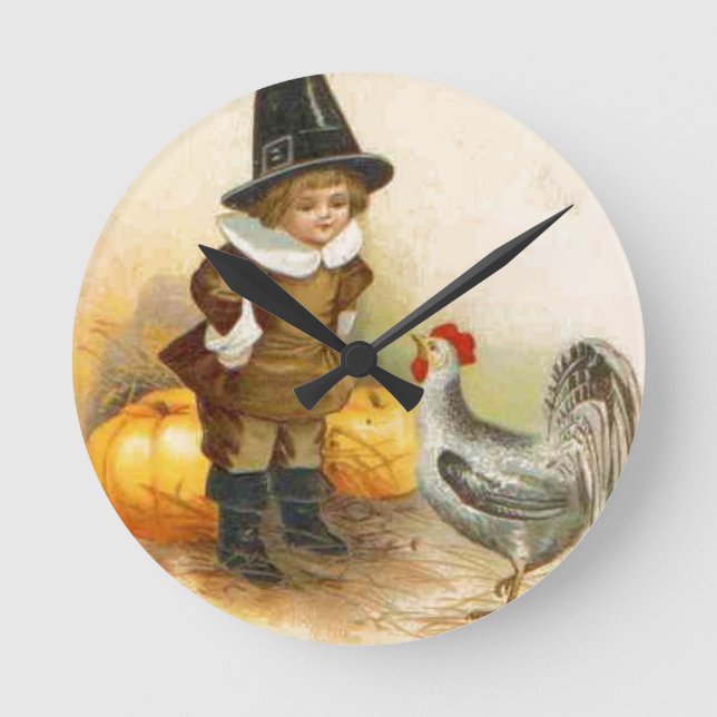 A Happy Thanksgiving Pilgrim and Plymouth Rock Round Clock (Front)