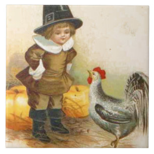 A Happy Thanksgiving Pilgrim and Plymouth Rock Tile
