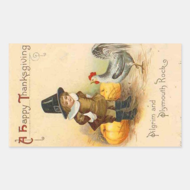 A Happy Thanksgiving Pilgrim & Plymouth Rock Sticker (Front)