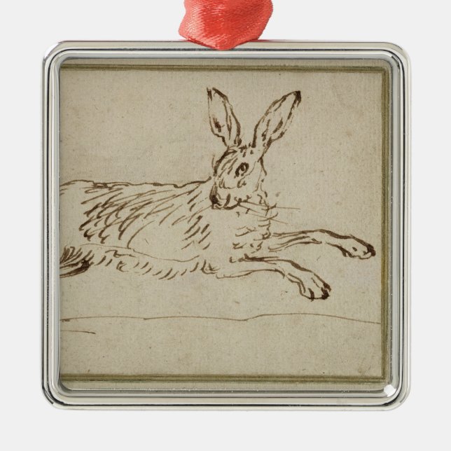 A Hare Running, With Ears Pricked (pen & ink on pa Metal Ornament (Front)