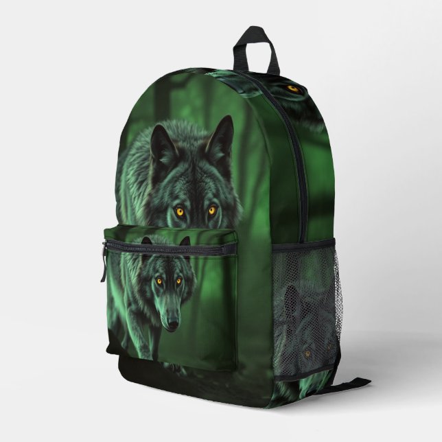 A Haunting Gaze Of A Night Wolf Printed Backpack (Back Corner Right)