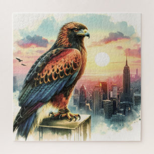 A Hawk Sits On The Roof Of A Skyscraper Jigsaw Puzzle