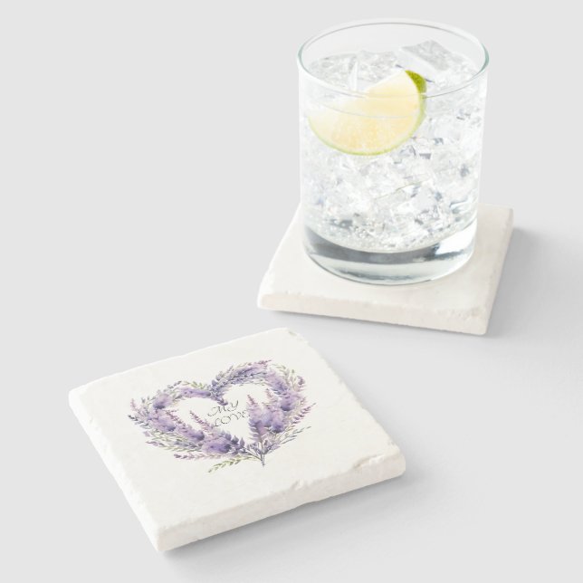 A Heart of Lavender. Floral Purple Pattern Stone Coaster (Side)