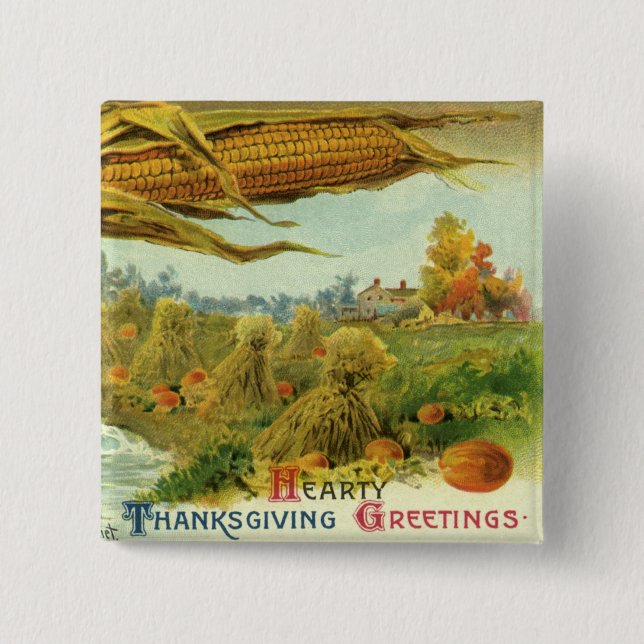 A Hearty Thanksgiving; Indian Corn and Haystacks 2 Inch Square Button (Front)