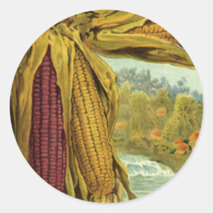 A Hearty Thanksgiving; Indian Corn and Haystacks Classic Round Sticker