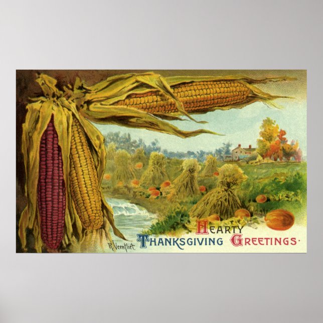 A Hearty Thanksgiving; Indian Corn and Haystacks Poster (Front)