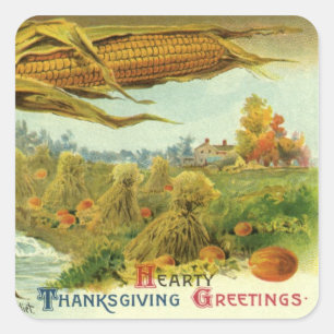 A Hearty Thanksgiving; Indian Corn and Haystacks Square Sticker
