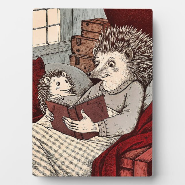 A hedgehog in a blanket reading a book to plaque (Front)