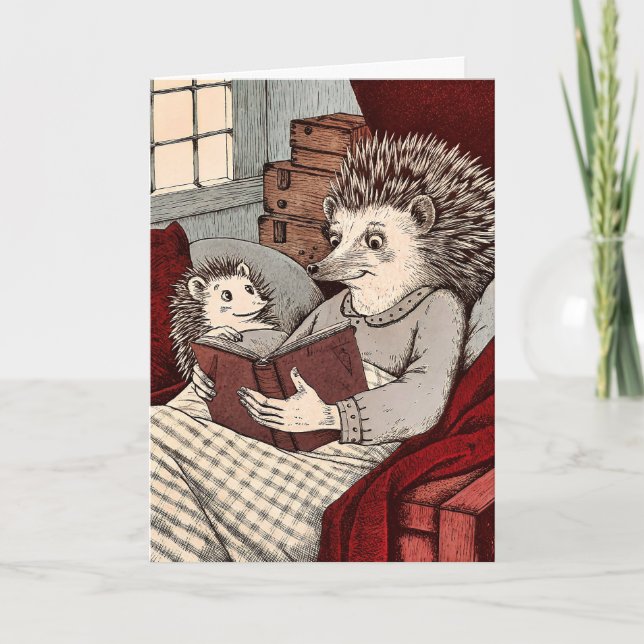A Hedgehog in a cover reading a book at Card (Front)