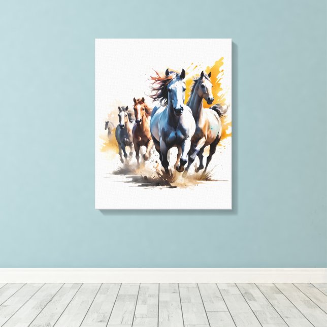 A herd Of Wild Horses Running Through A Meadow Canvas Print (Insitu(Wood Floor))