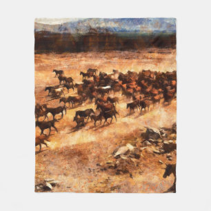 A herd of wild running horses. Artistic work on th Fleece Blanket