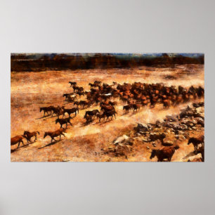 A herd of wild running horses. Artistic work on th Poster