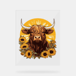 A Highland Cow Illustration with Sunflowers Classi Acrylic Sign