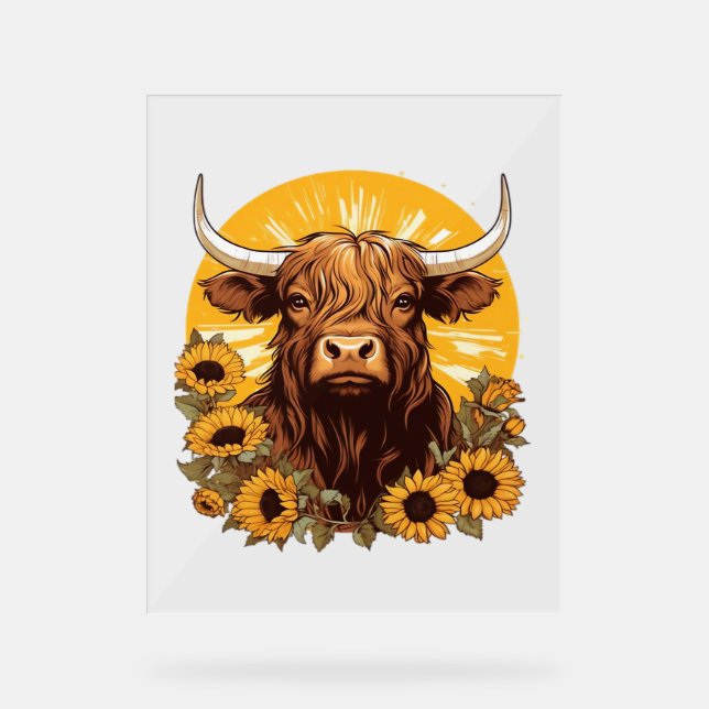 A Highland Cow Illustration with Sunflowers Classi Acrylic Sign (Front)
