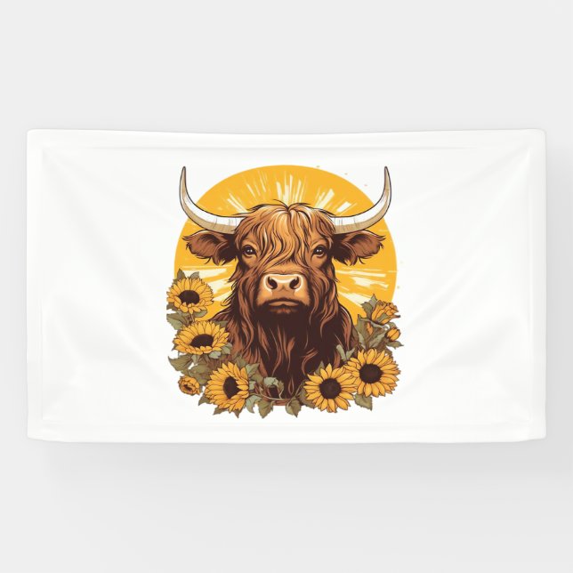 A Highland Cow Illustration with Sunflowers Classi Banner (Horizontal)
