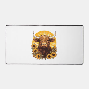A Highland Cow Illustration with Sunflowers Classi Desk Mat