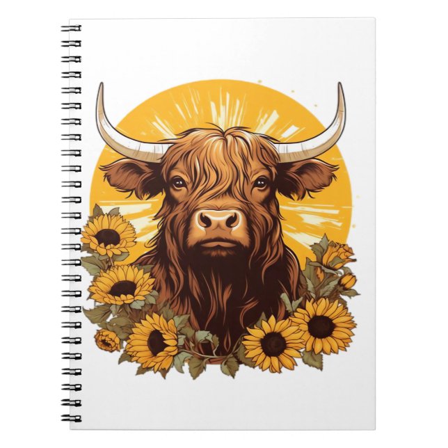A Highland Cow Illustration with Sunflowers Classi Notebook (Front)