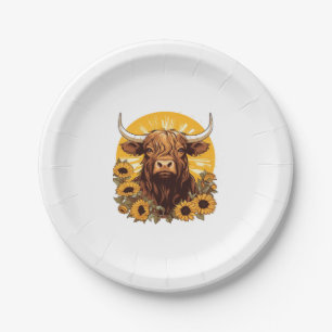 A Highland Cow Illustration with Sunflowers Classi Paper Plate