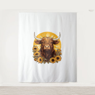 A Highland Cow Illustration with Sunflowers Classi Tapestry