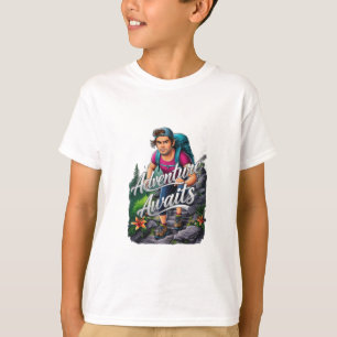 A hiker climbing a steep trail with the text “Adve T-Shirt