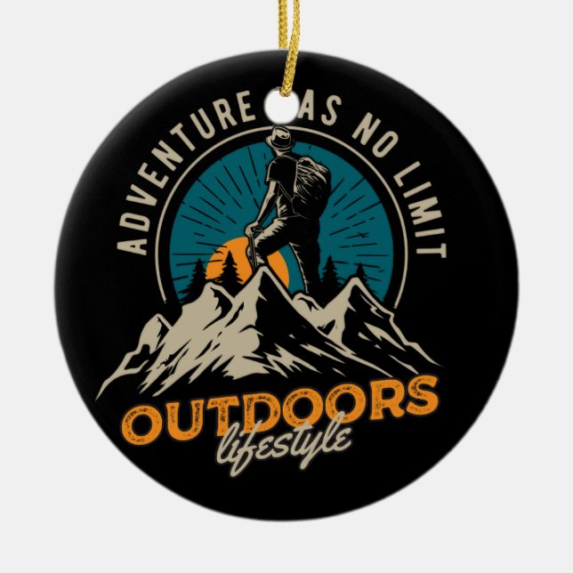a hiker climbing to top of mountain ceramic ornament (Front)