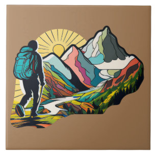A hiker walking down a mountain path tile