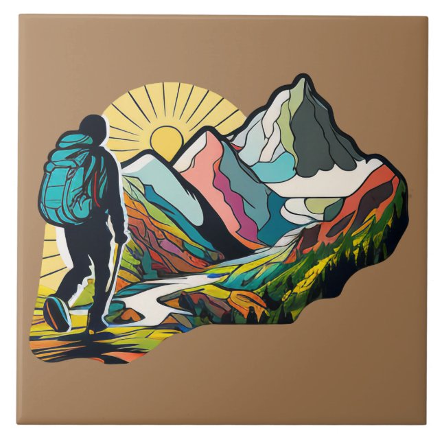 A hiker walking down a mountain path tile (Front)