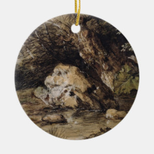 A Hilly Landscape with Figures Approaching a Bridg Ceramic Ornament
