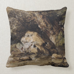 A Hilly Landscape with Figures Approaching a Bridg Throw Pillow