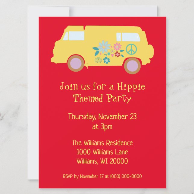 A hippy party red and yellow invitation (Front)