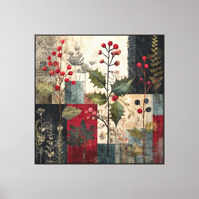 A Holly Berry Rustic Winter Patchwork Canvas Print (Front)