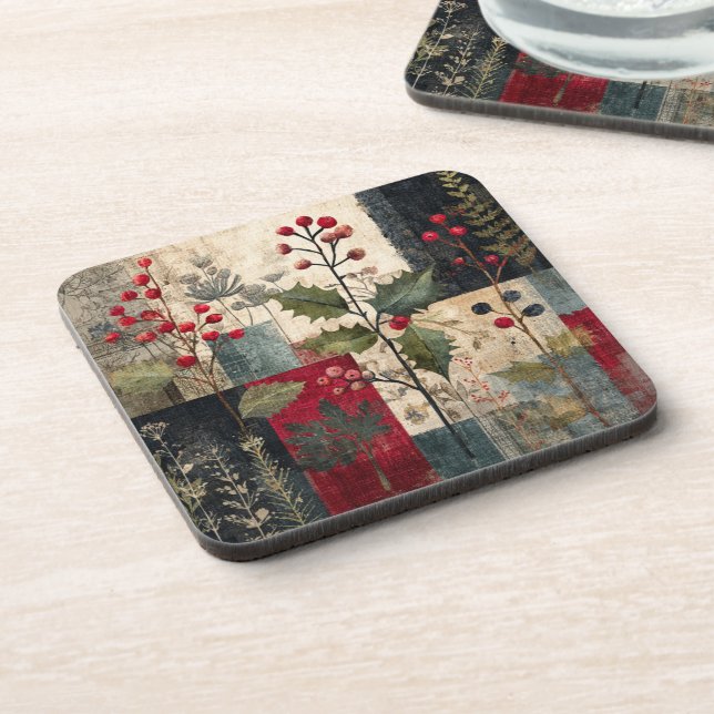 A Holly Berry Rustic Winter Patchwork Coaster (Left Side)
