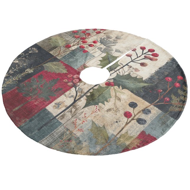 A Holly Berry Rustic Winter Patchwork Fleece Tree Skirt (Angled)