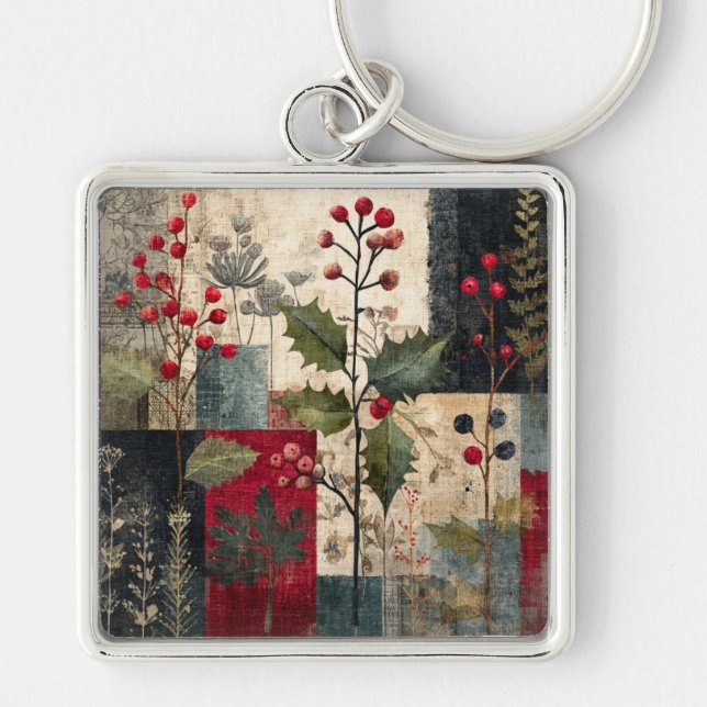 A Holly Berry Rustic Winter Patchwork Keychain (Front)