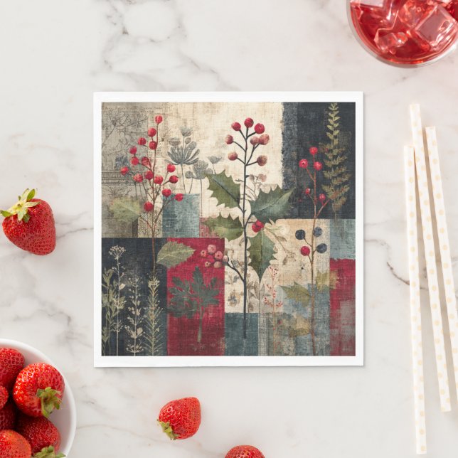 A Holly Berry Rustic Winter Patchwork Napkin (Insitu)