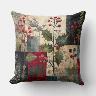 A Holly Berry Rustic Winter Patchwork Throw Pillow