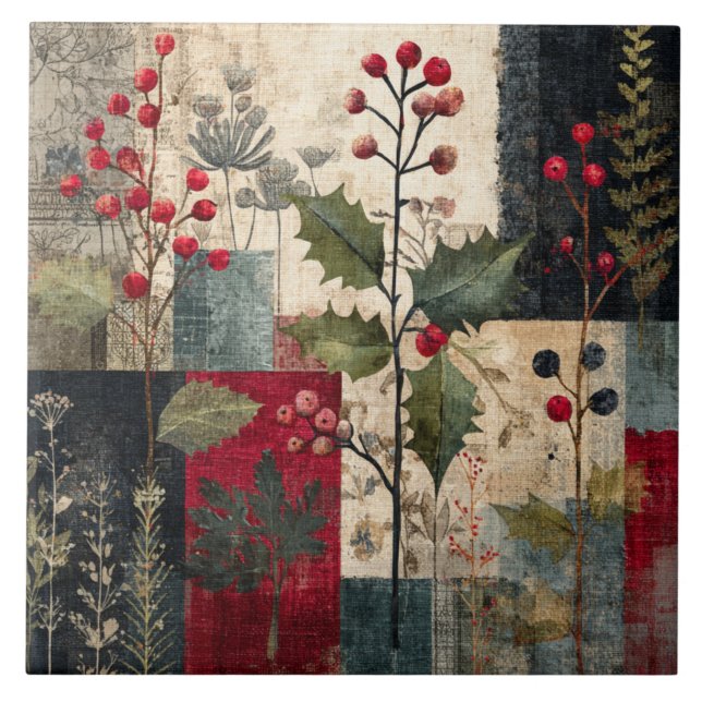 A Holly Berry Rustic Winter Patchwork Tile (Front)