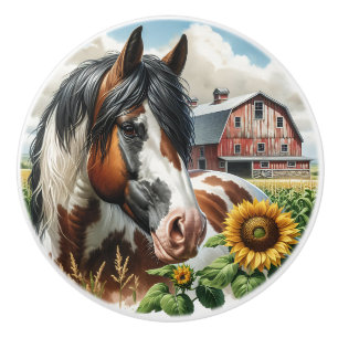 A Horse, Rustic Barn and Sunflowers Ceramic Knob