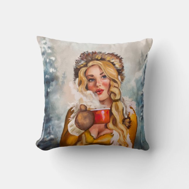 "A Hot Drink On A Cold Winter's Day" Cute Pinup Throw Pillow (Front)