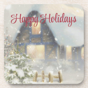 A house with a Christmas tree and a fence Coaster